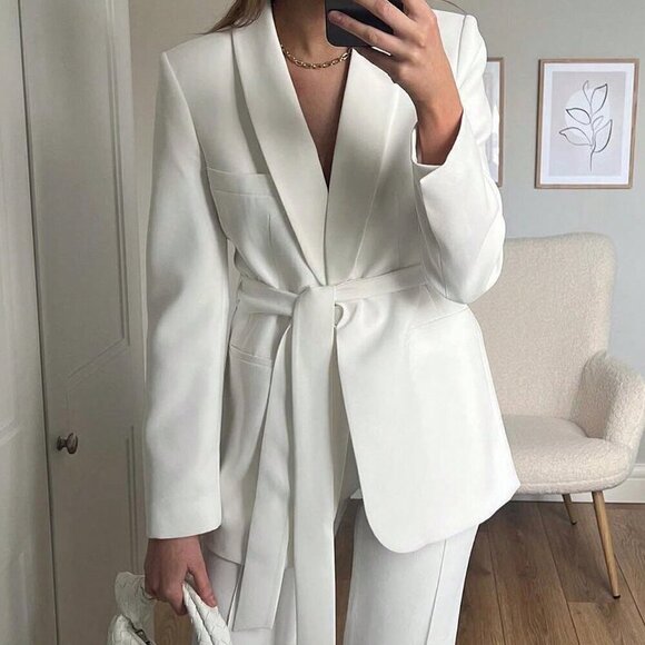 Jackets & Blazers - White Elegant Women's Solid Belted Shawl Collar Blazer